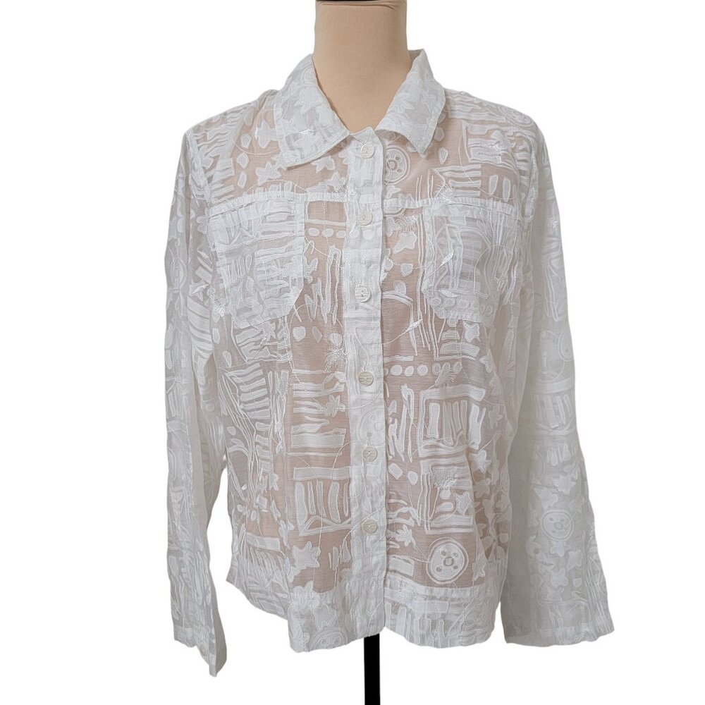 erin london Size L White Long Sleeve Button Front Semi Sheer Blouse